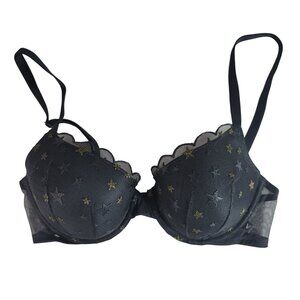 Victoria's Secret Lined Demi Bra Black 36C Lace Gold Stars Mesh Wing Plunge